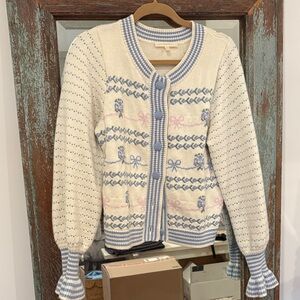 LoveShackFancy Blue and Cream Floral Cardigan - size S EUC